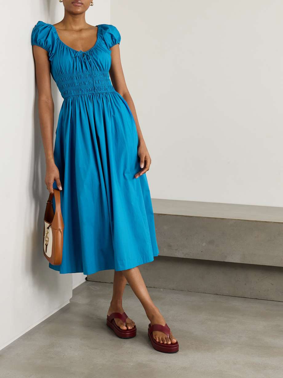 quinn tie-detailed shirred cotton-poplin midi dress