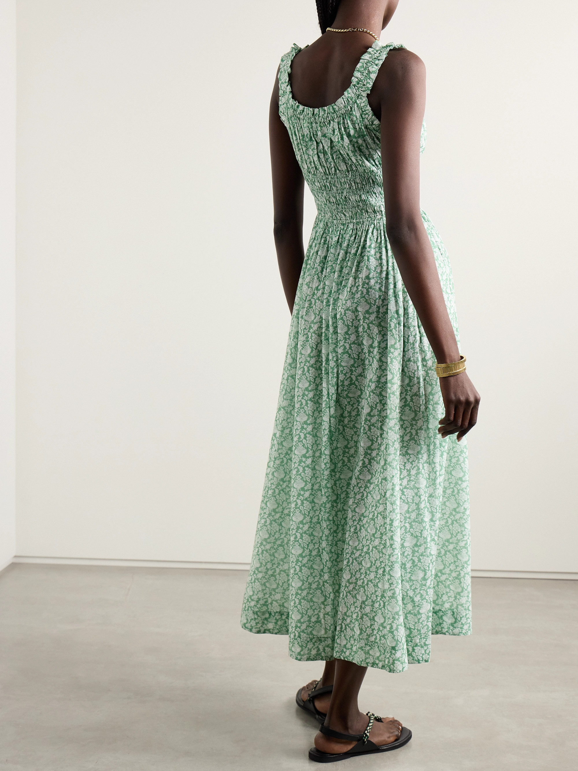 Dôen Emmaretta tie-detailed shirred floral-print organic cotton-voile midi dress thumbnail