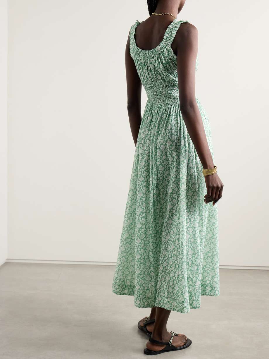 emmaretta tie-detailed shirred floral-print organic cotton-voile midi dress