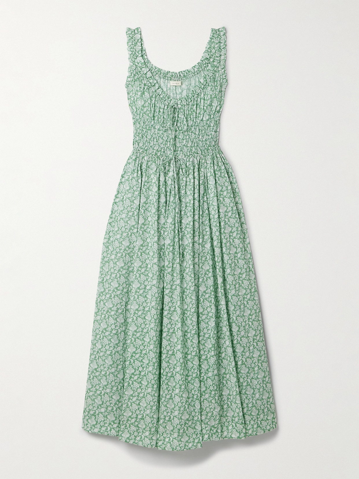 DOEN EMMARETTA TIE-DETAILED SHIRRED FLORAL-PRINT ORGANIC COTTON-VOILE MIDI DRESS