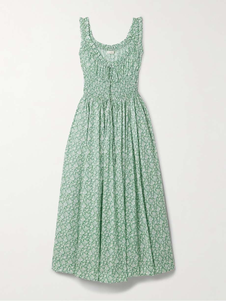 emmaretta tie-detailed shirred floral-print organic cotton-voile midi dress