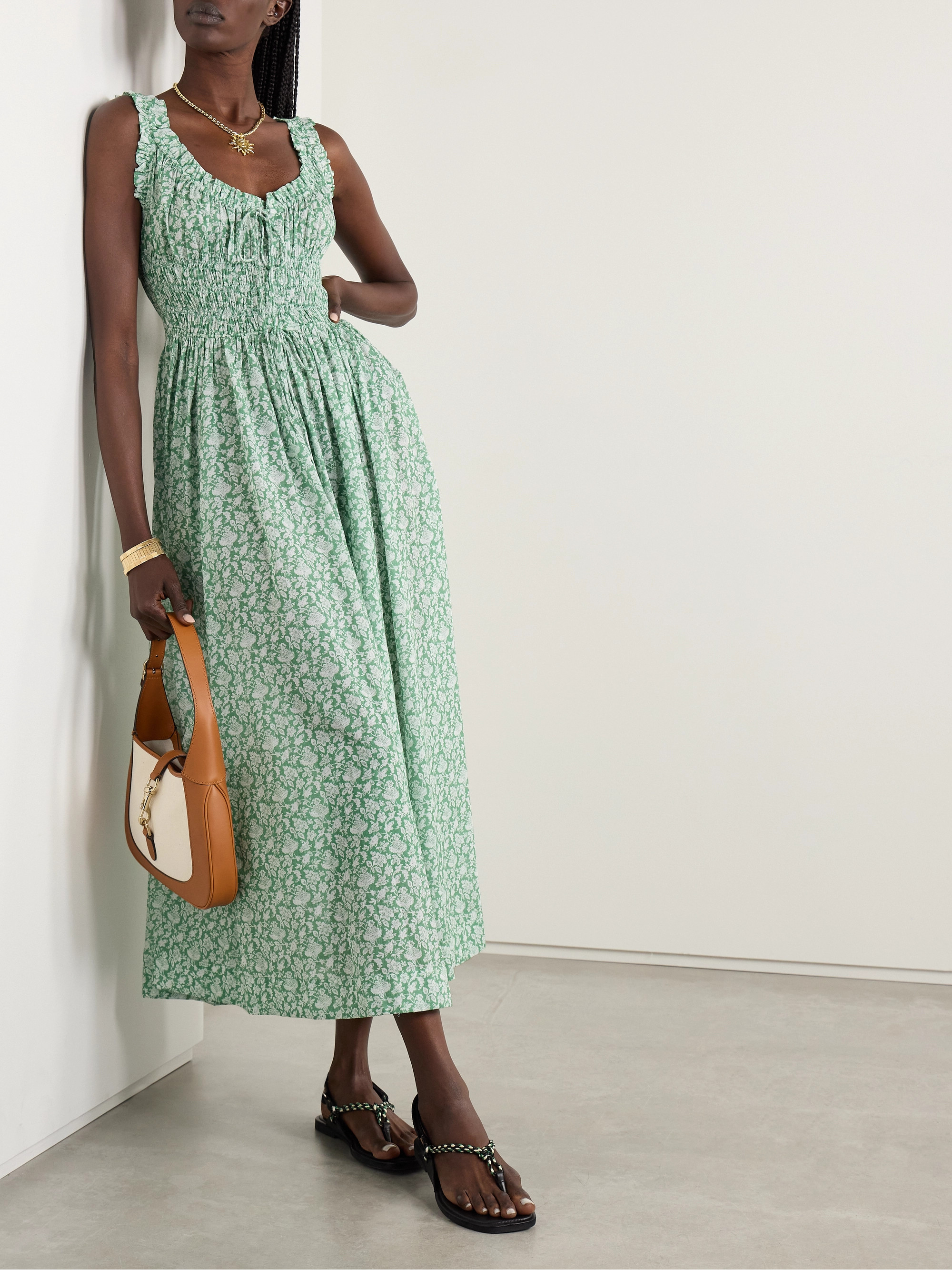 Dôen Emmaretta tie-detailed shirred floral-print organic cotton-voile midi dress