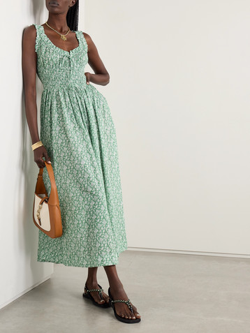 Dôen Emmaretta tie-detailed shirred floral-print organic cotton-voile midi dress