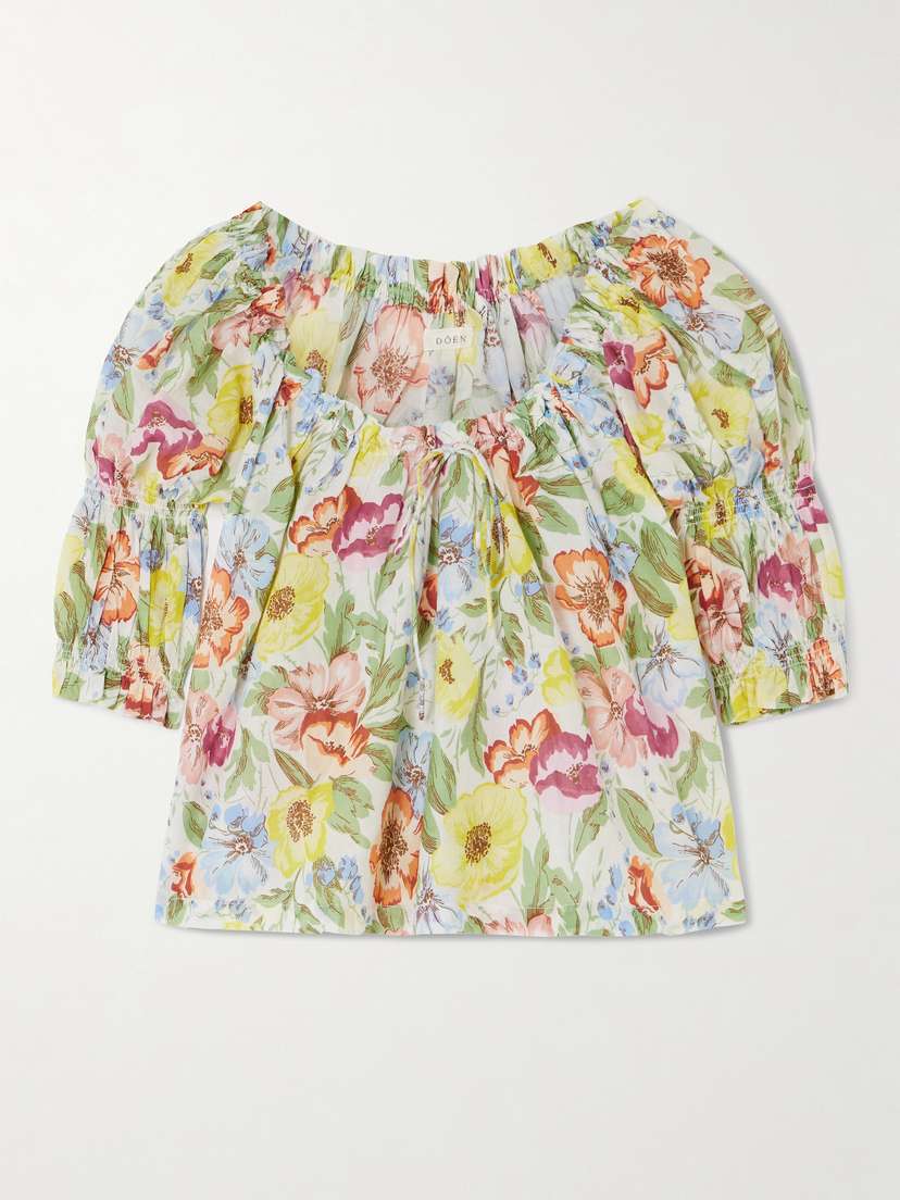 DÔEN Inez Gathered Floral-print Organic Cotton-voile Blouse