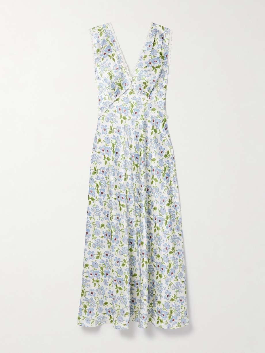 tahlia lace-trimmed floral-print silk-charmeuse midi dress