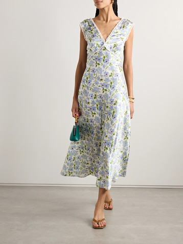 Dôen Tahlia lace-trimmed floral-print silk-charmeuse midi dress