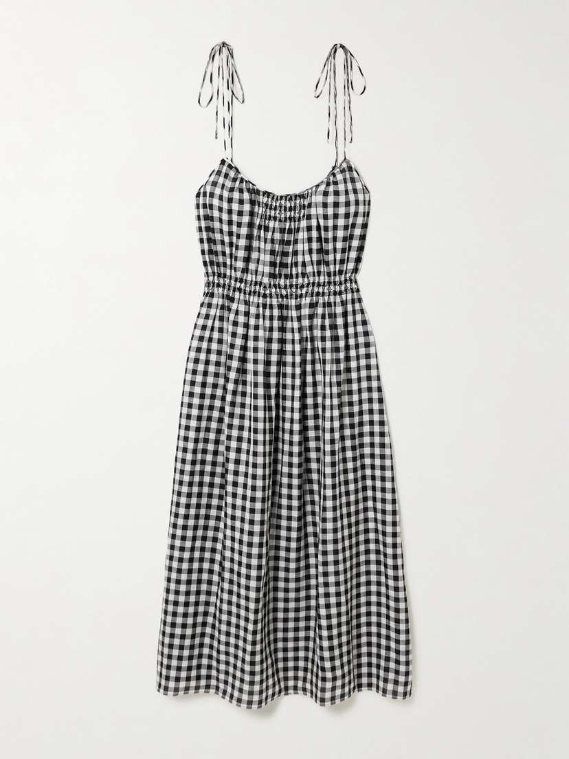 DÔEN Leslie Tie-detailed Smocked Gingham Voile Midi Dress