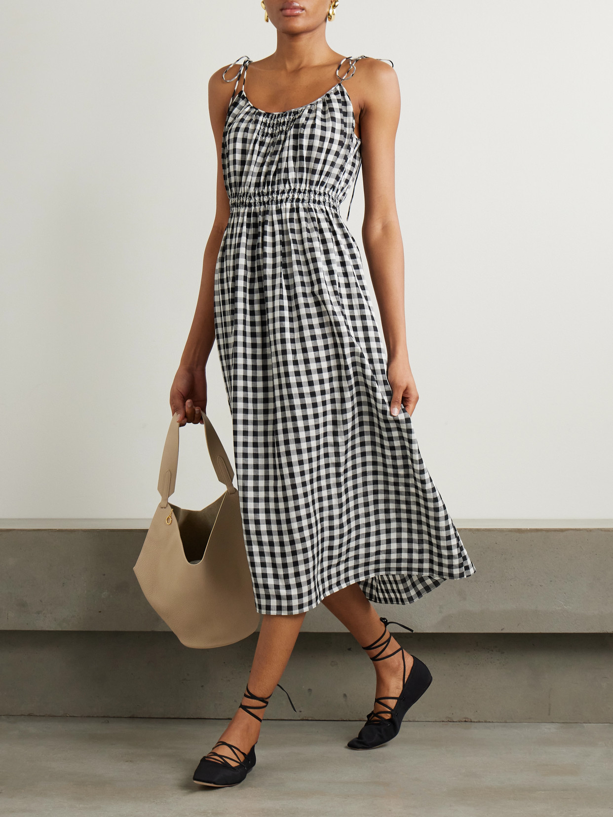 DOEN LESLIE TIE-DETAILED SMOCKED GINGHAM VOILE MIDI DRESS