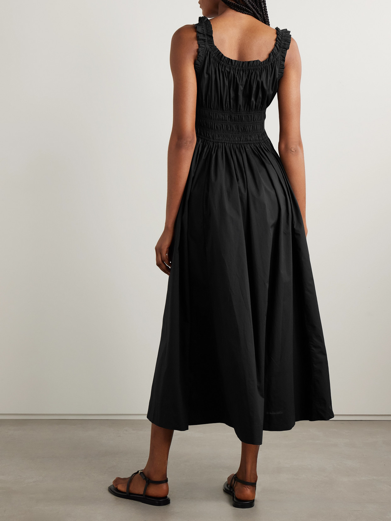 DOEN EMMARETTA TIE-DETAILED SHIRRED ORGANIC COTTON-VOILE MIDI DRESS