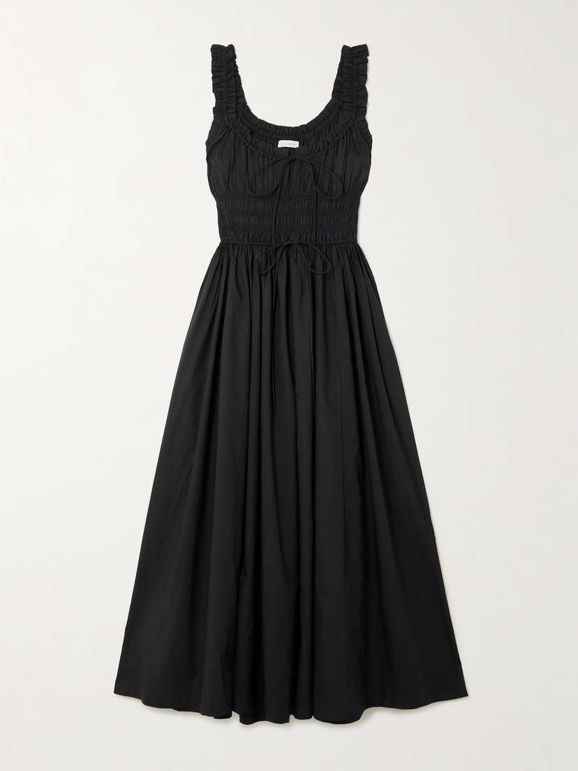DÔEN Emmaretta Tie-detailed Shirred Organic Cotton-voile Midi Dress