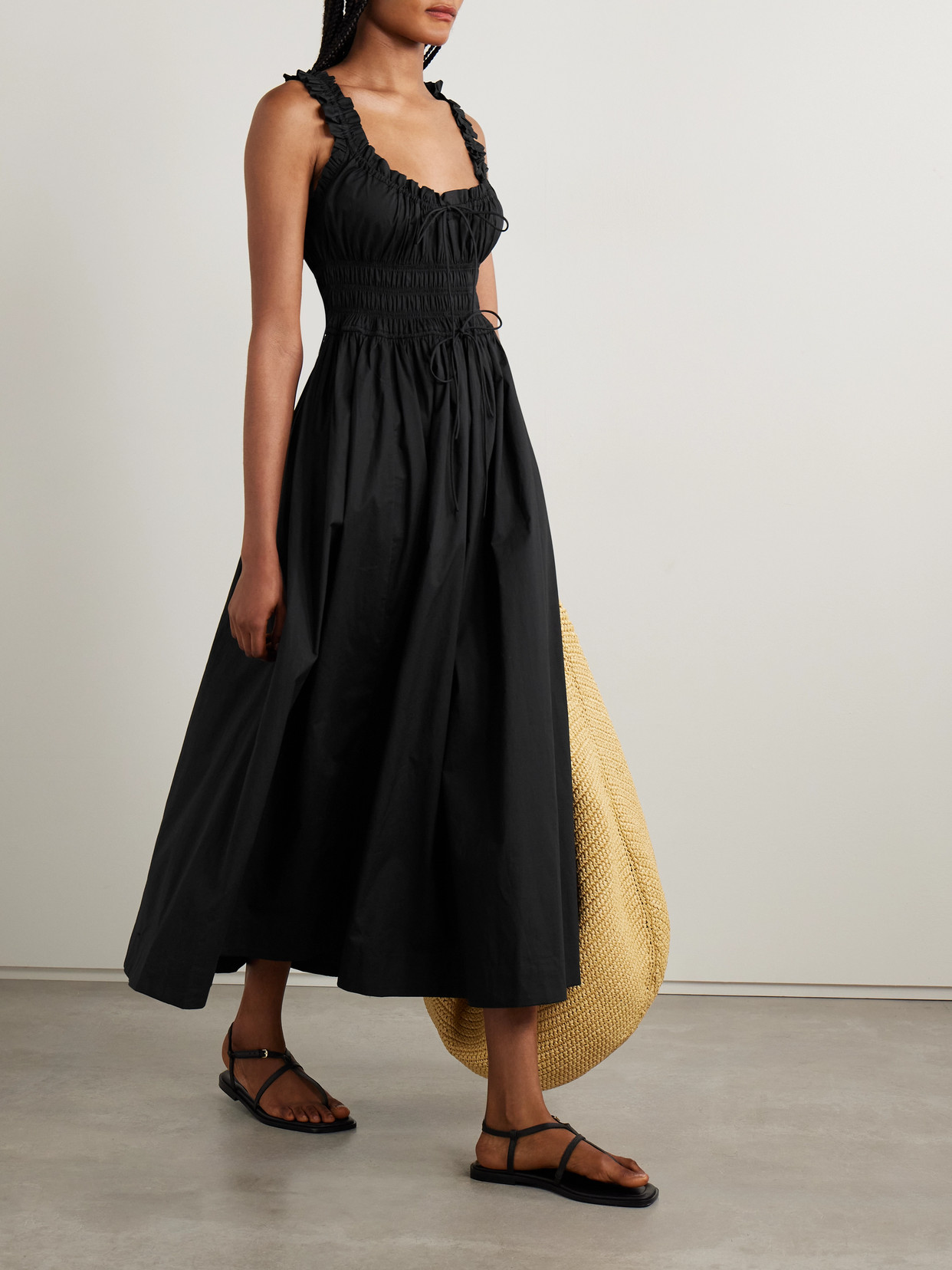 DOEN EMMARETTA TIE-DETAILED SHIRRED ORGANIC COTTON-VOILE MIDI DRESS