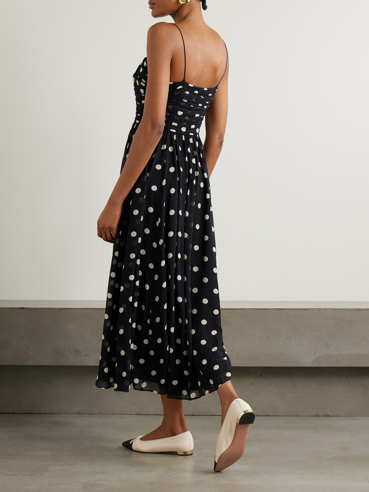 DOEN MARYANNA BOW-DETAILED RUCHED POLKA-DOT SILK-GEORGETTE MIDI DRESS