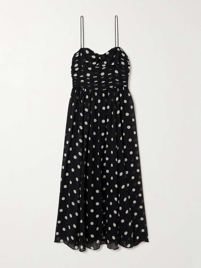 DÔEN Maryanna Bow-detailed Ruched Polka-dot Silk-georgette Midi Dress