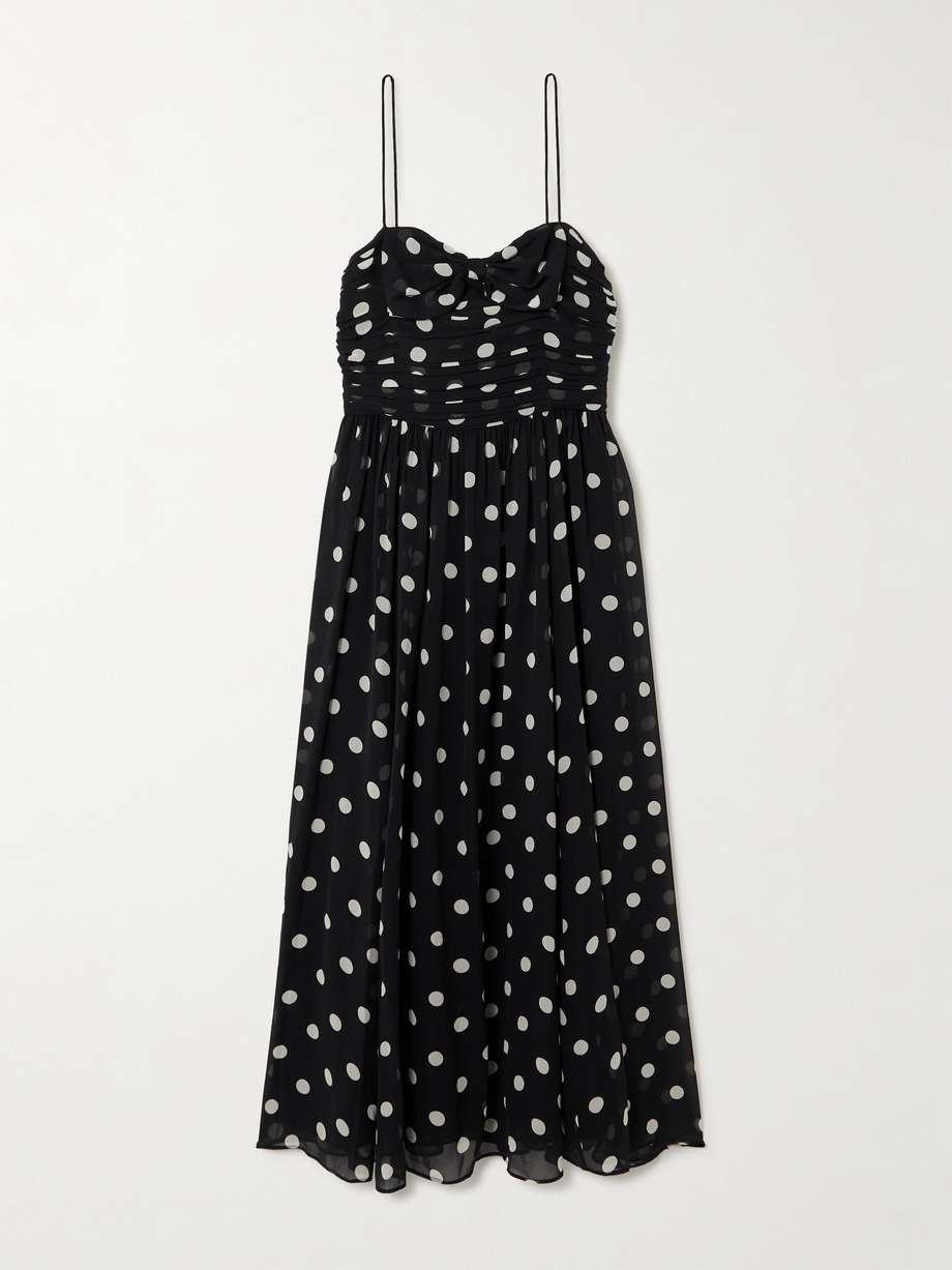 maryanna bow-detailed ruched polka-dot silk-georgette midi dress