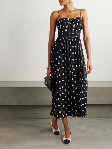 Dôen Maryanna bow-detailed ruched polka-dot silk-georgette midi dress