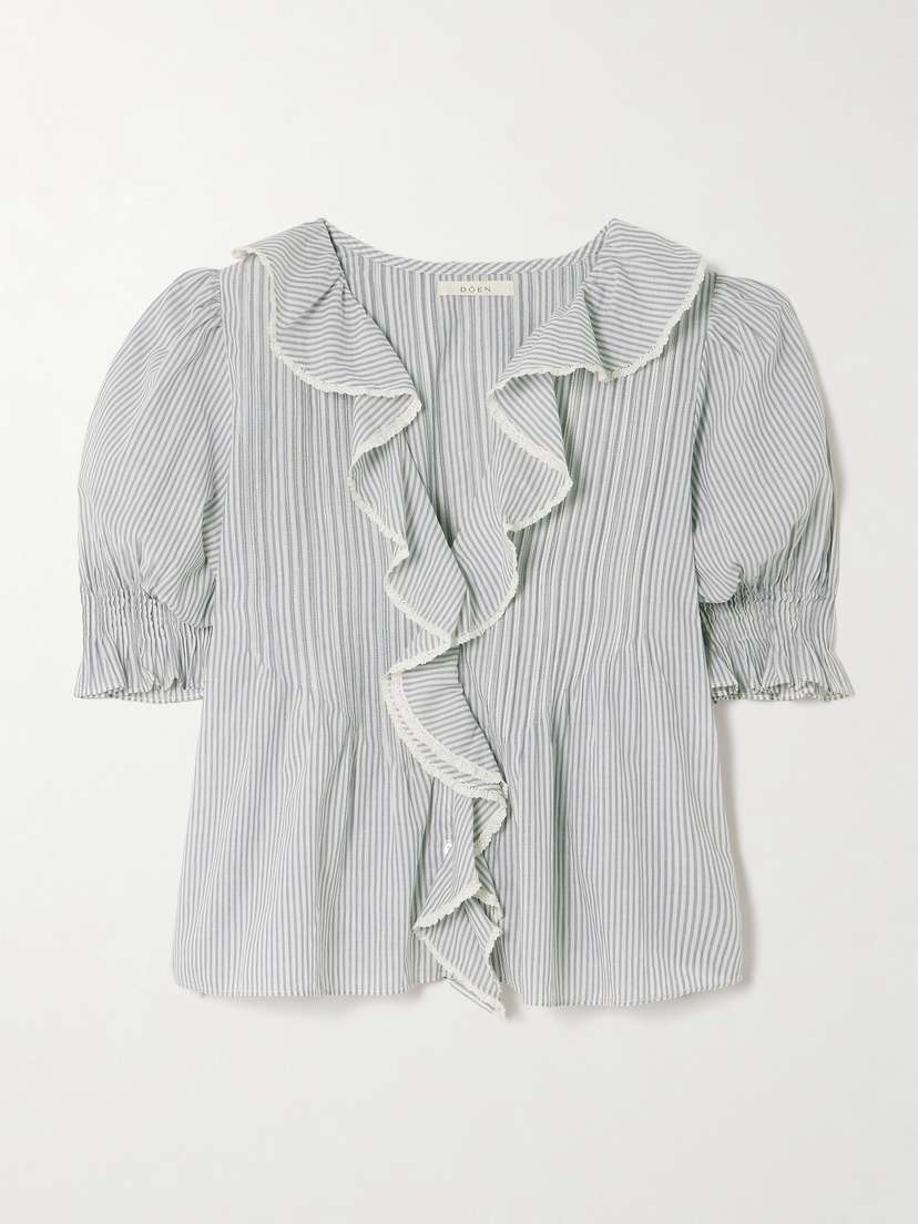 DÔEN Henri Lace-trimmed Ruffled Pintucked Striped Organic Cotton-voile Top