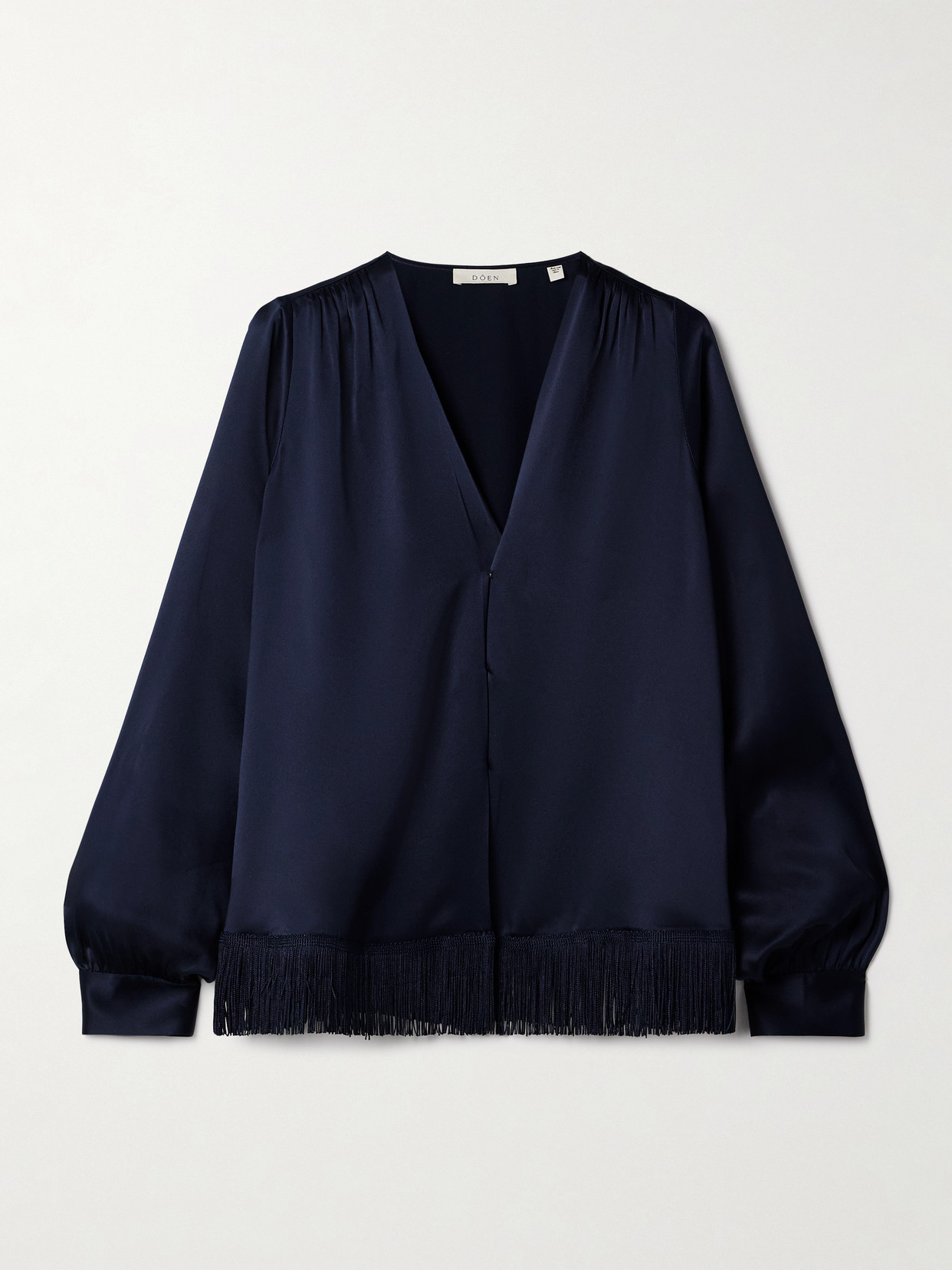 Doen Candace Fringed Silk-satin Blouse In Blue
