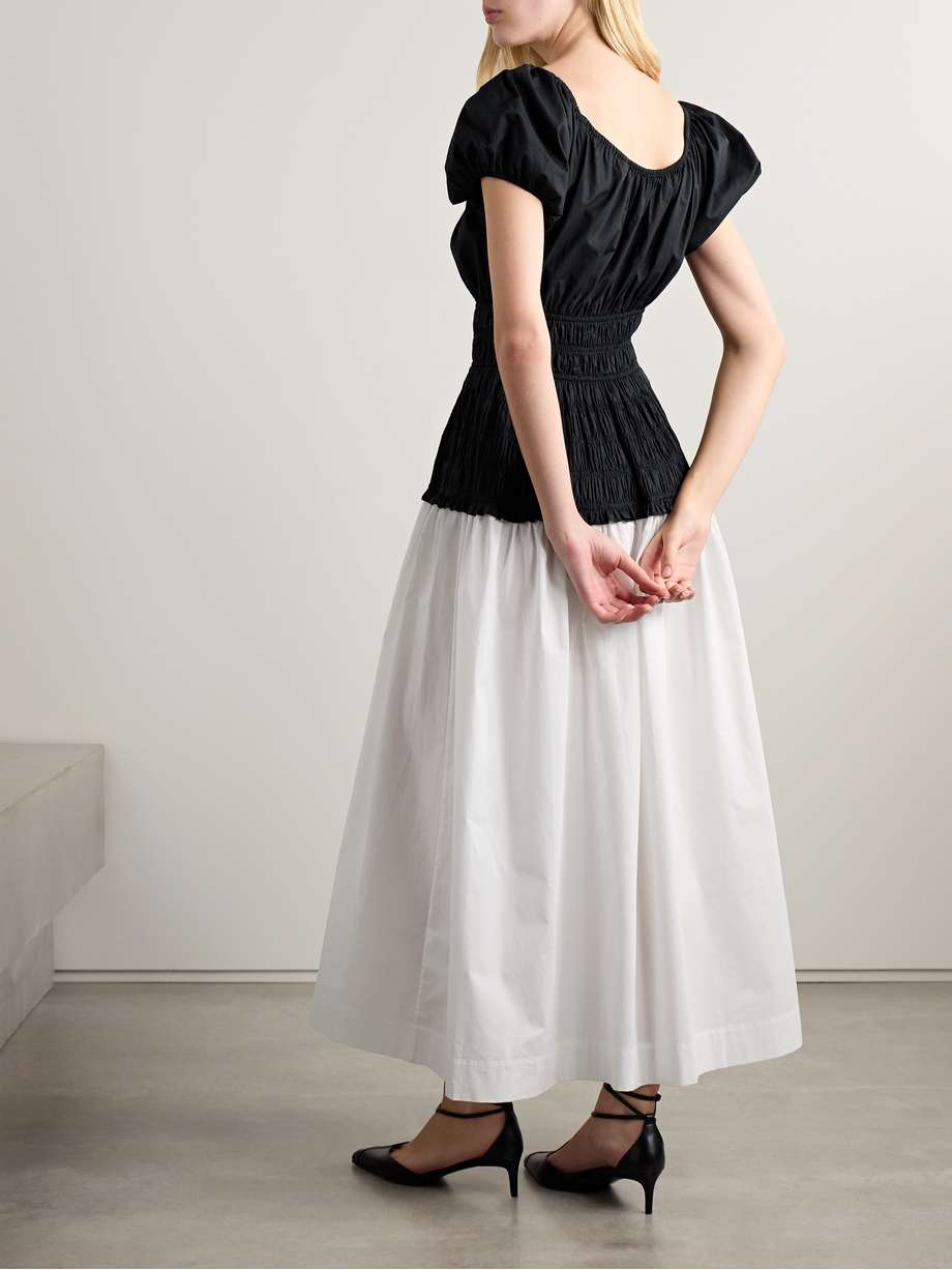 enya two-tone ruched organic cotton-poplin midi dress