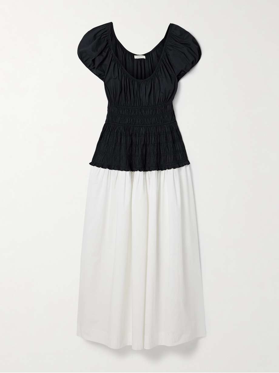 enya two-tone ruched organic cotton-poplin midi dress