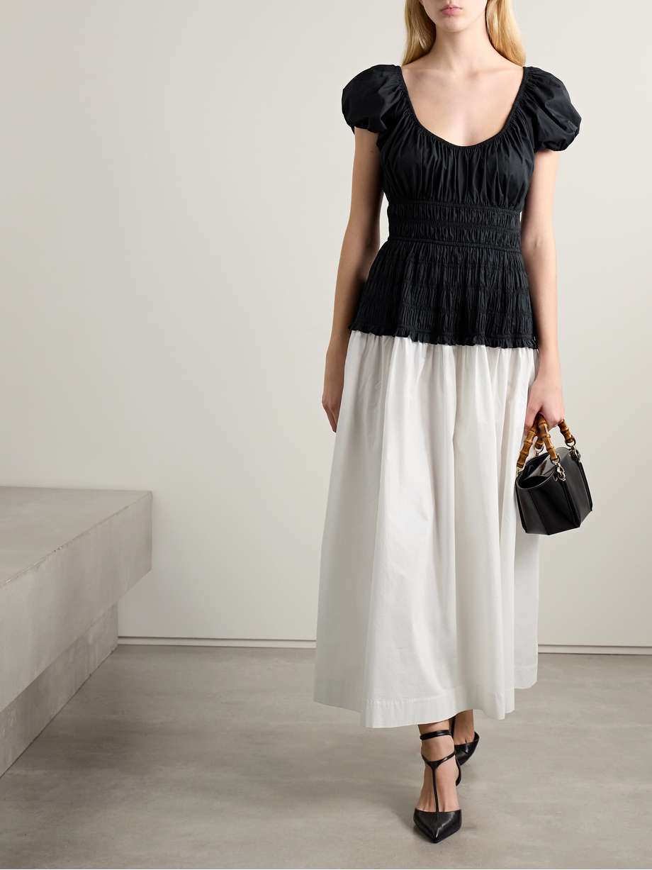 enya two-tone ruched organic cotton-poplin midi dress
