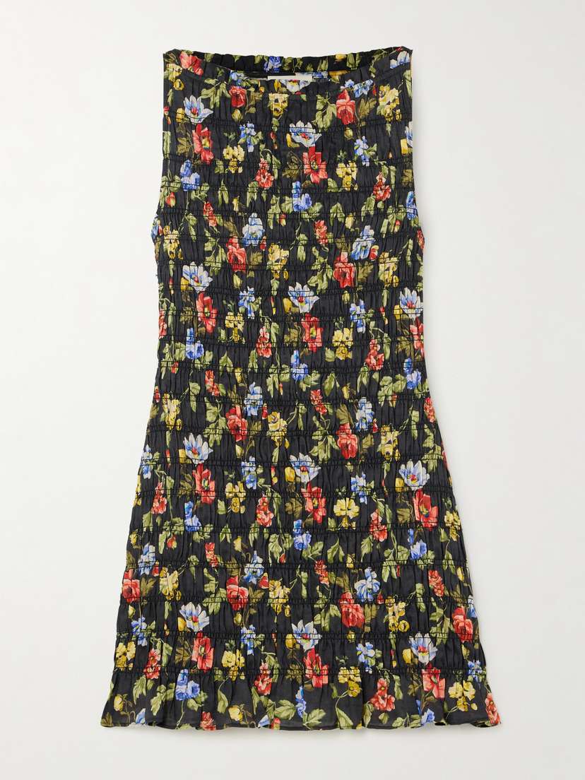 DÔEN Gianna Shirred Floral-print Ramie Mini Dress