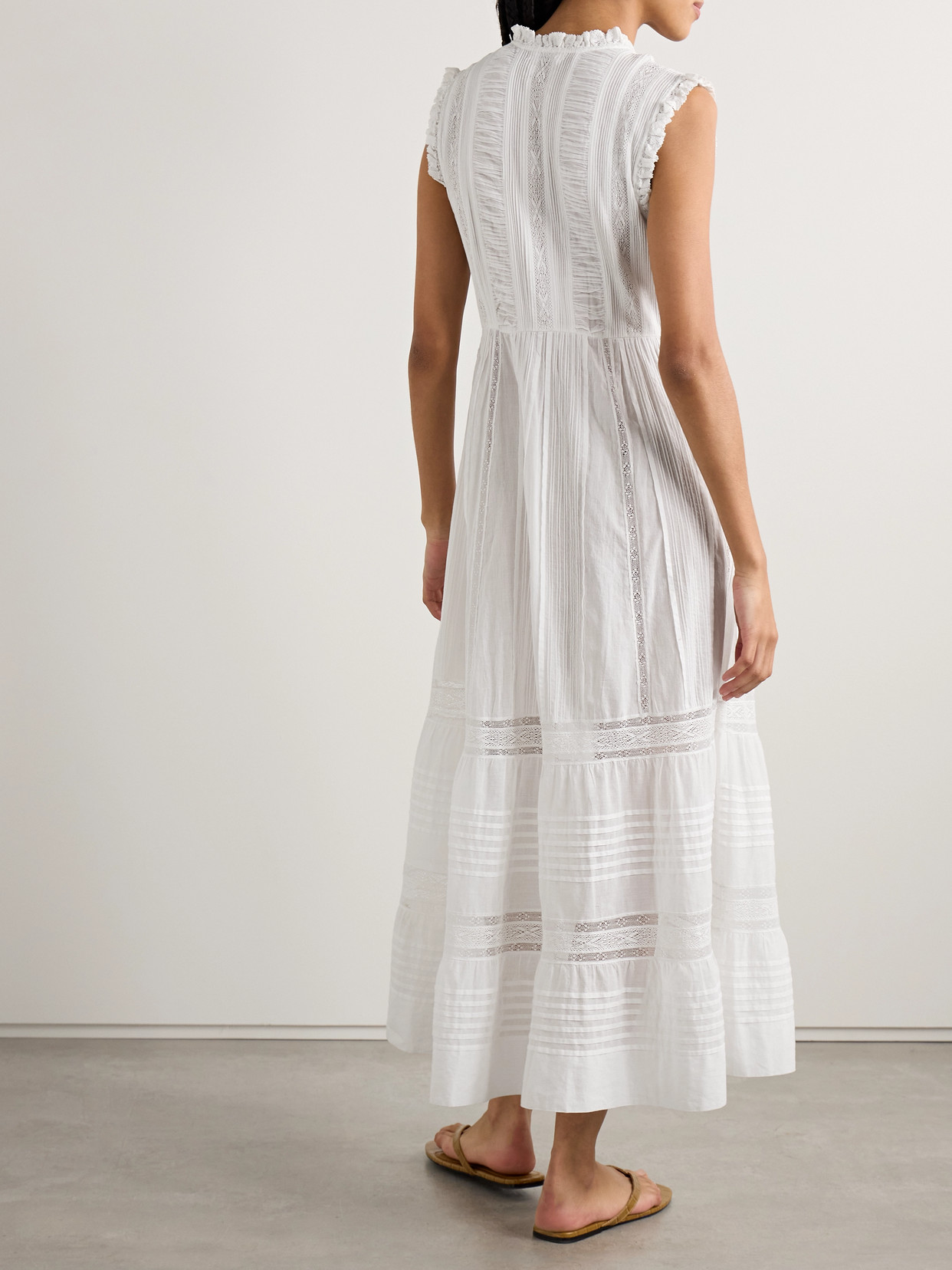 Shop Doen Helaine Crocheted And Pintucked Cotton-voile Midi Dress In White