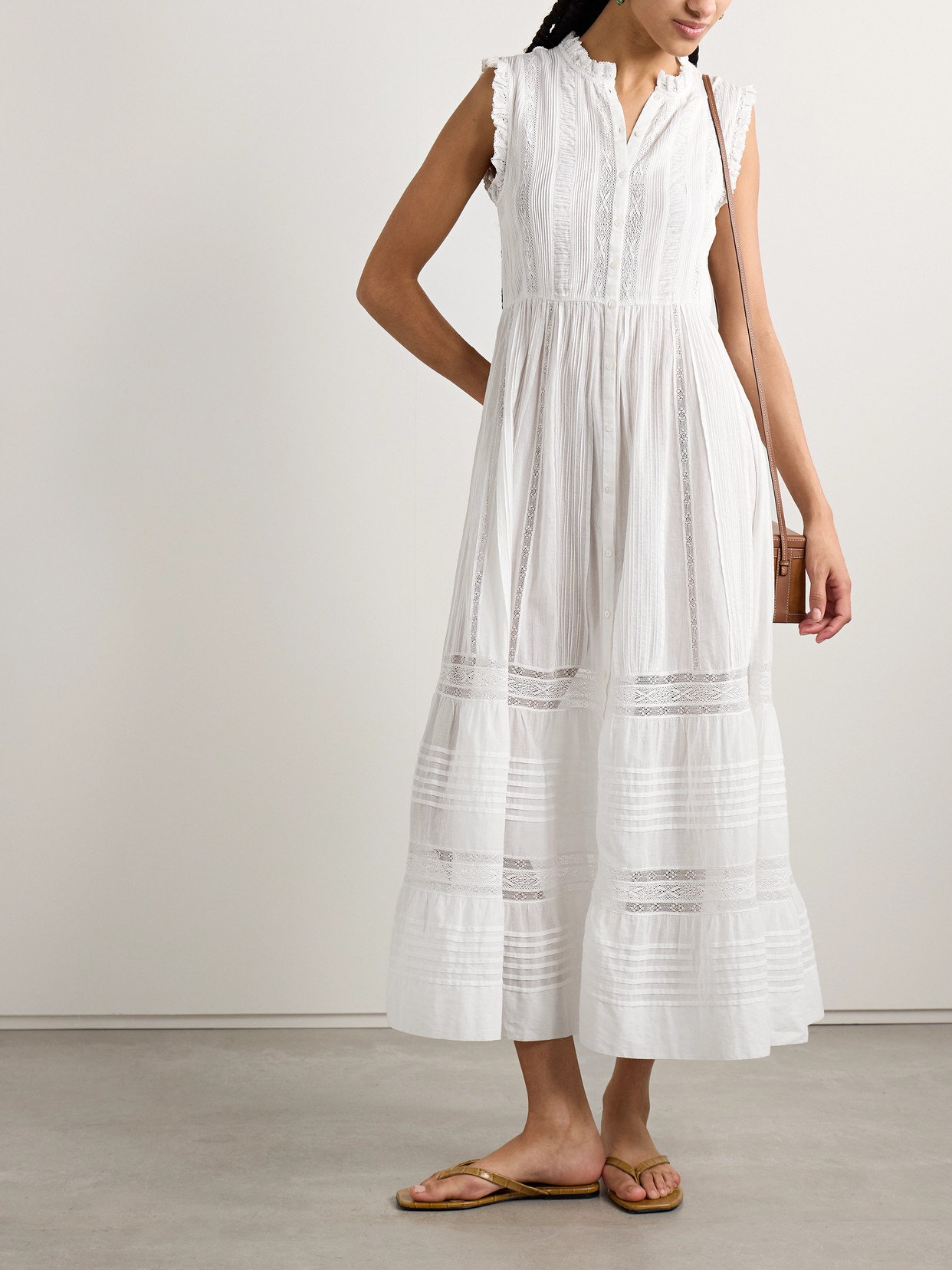 Shop Doen Helaine Crocheted And Pintucked Cotton-voile Midi Dress In White