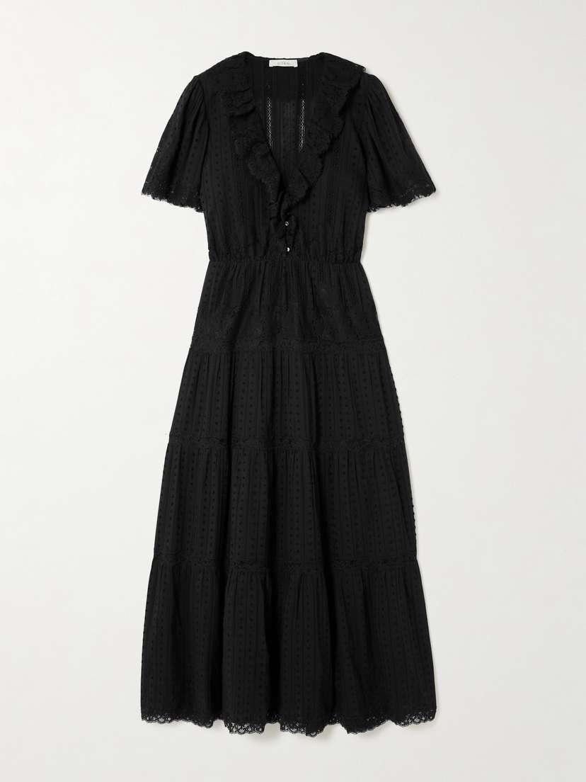 DÔEN Gabriella Ruffled Tiered Lace-trimmed Point D'esprit Cotton Dress