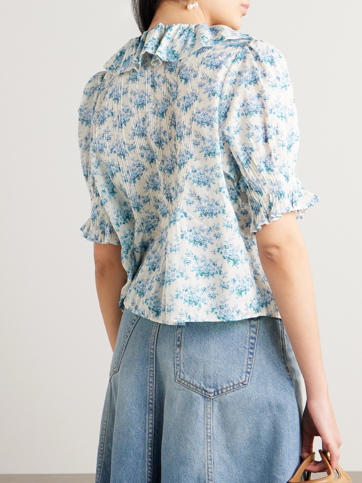 Shop Doen Henri Ruffled Pintucked Floral-print Organic Cotton-voile Top In Blue