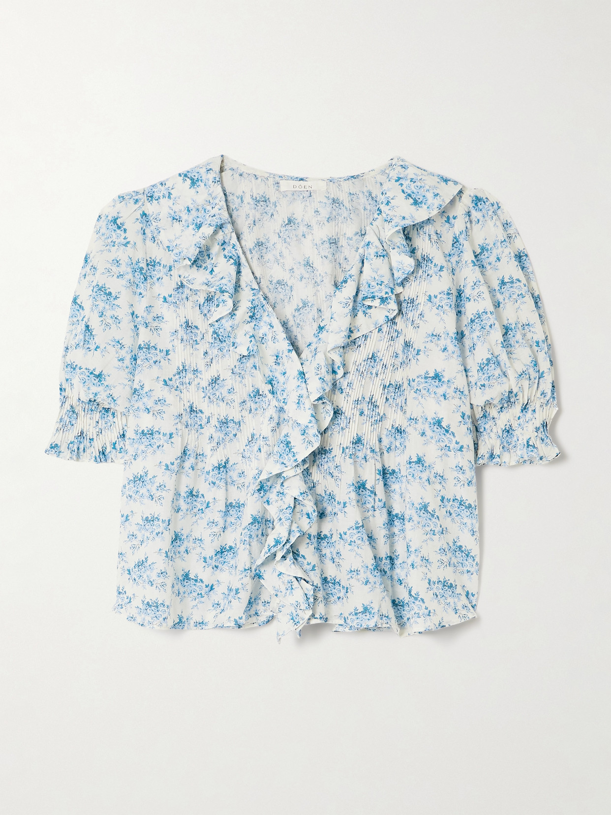 DÔEN - Henri Ruffled Pintucked Floral-print Organic Cotton-voile Top - Blue