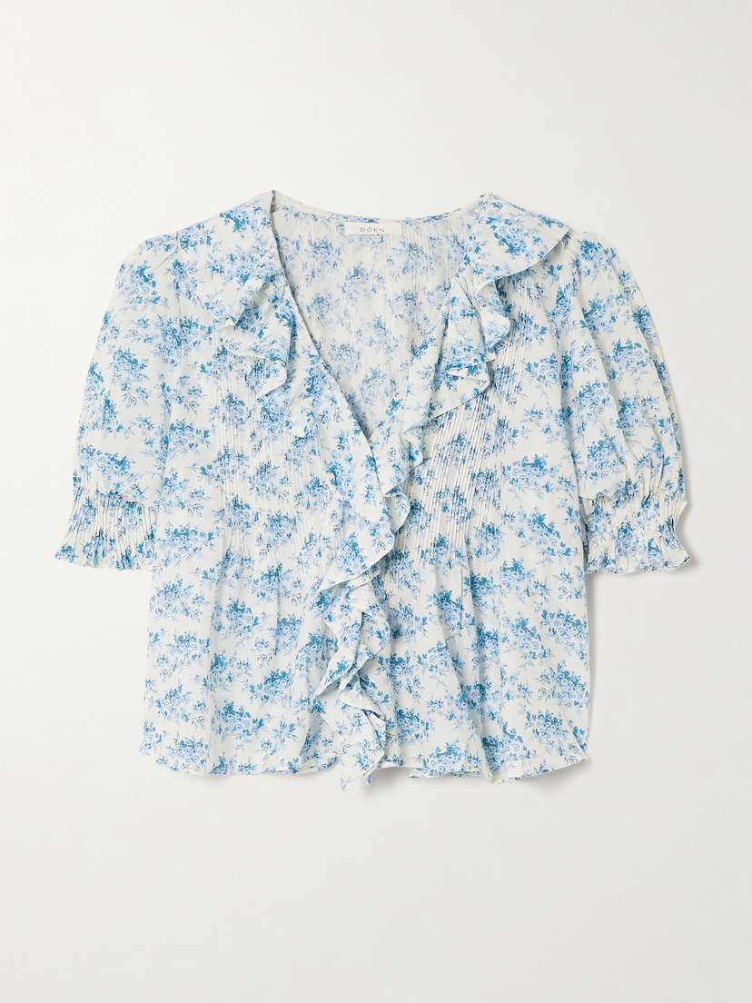 DÔEN Henri Ruffled Pintucked Floral-print Organic Cotton-voile Top