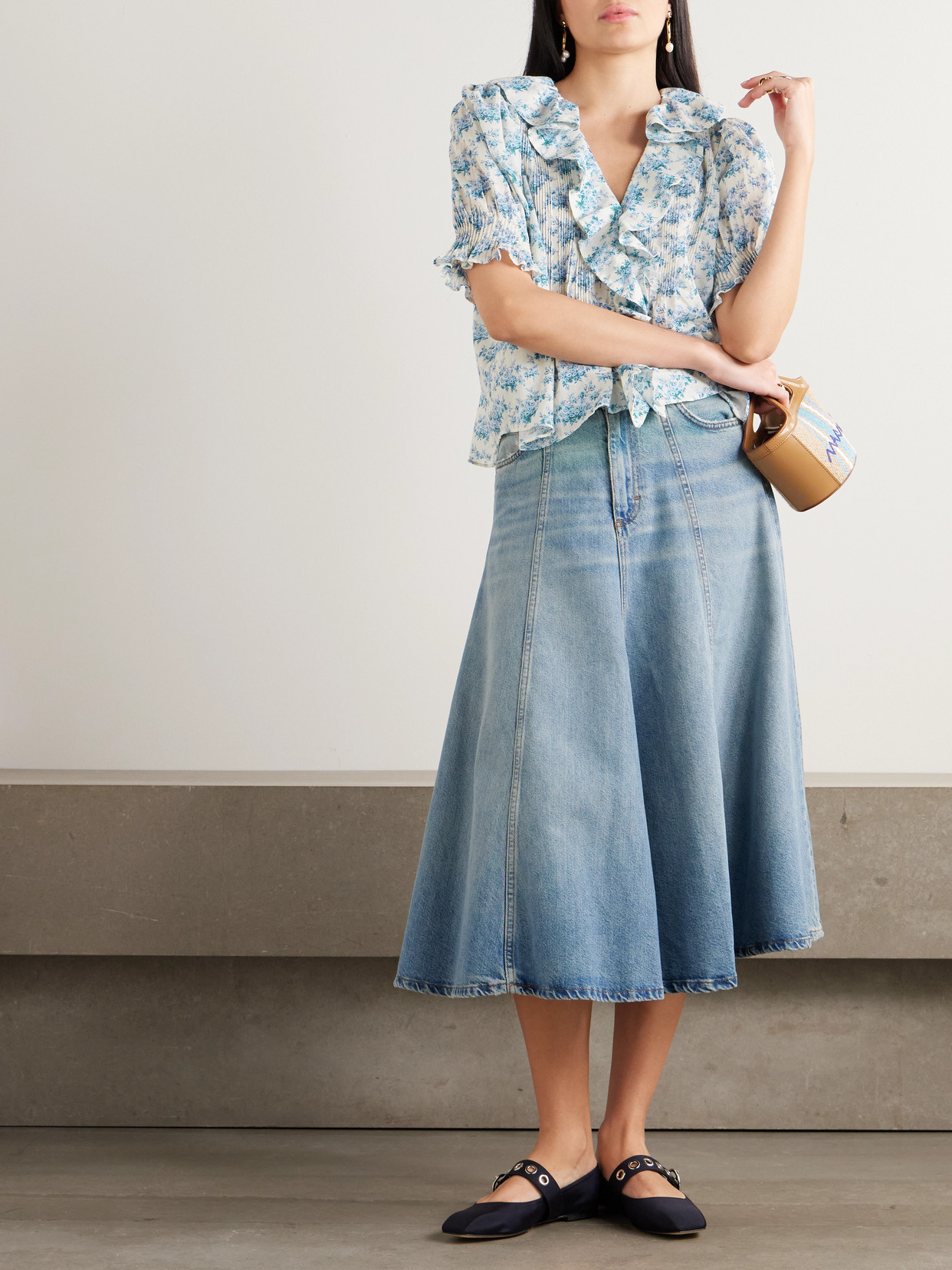 Shop Doen Henri Ruffled Pintucked Floral-print Organic Cotton-voile Top In Blue