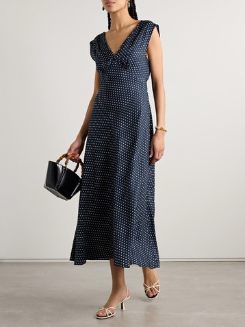 Dôen Tahlia belted polka-dot silk-blend twill midi dress