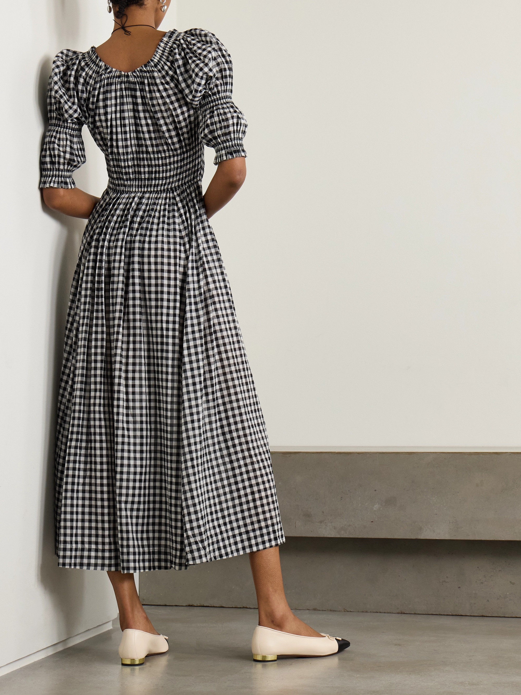 Dôen Ischia shirred gingham cotton-voile midi dress thumbnail