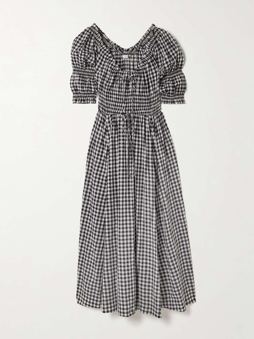 DÔEN Ischia Shirred Gingham Cotton-voile Midi Dress