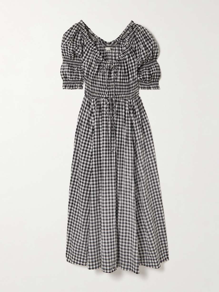 ischia shirred gingham cotton-voile midi dress