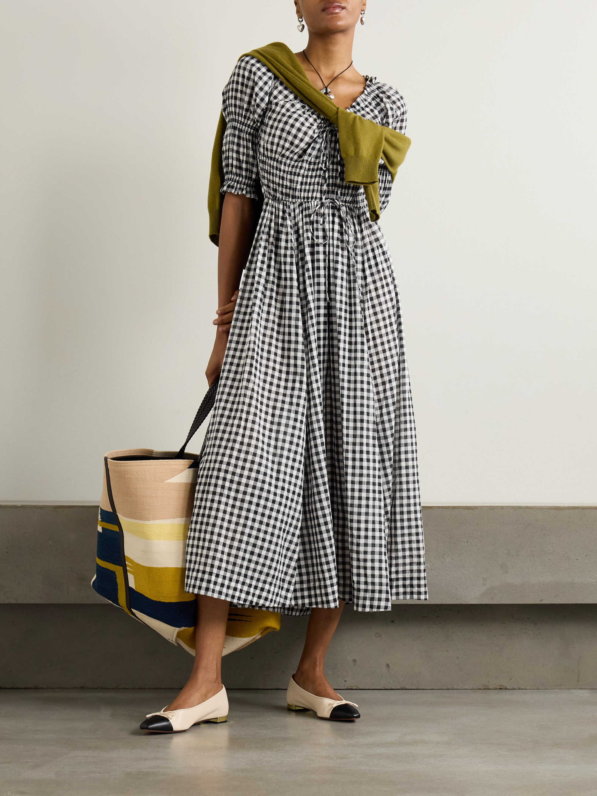 Dôen Ischia shirred gingham cotton-voile midi dress