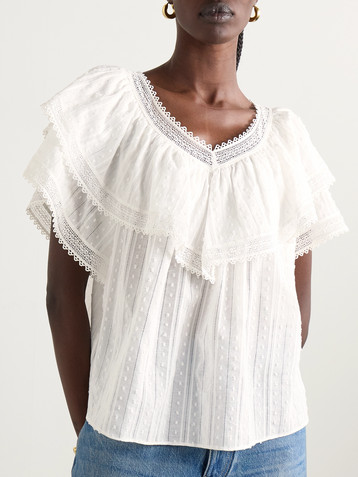 Dôen Cosenza ruffled crochet-trimmed fil coupé cotton-voile blouse