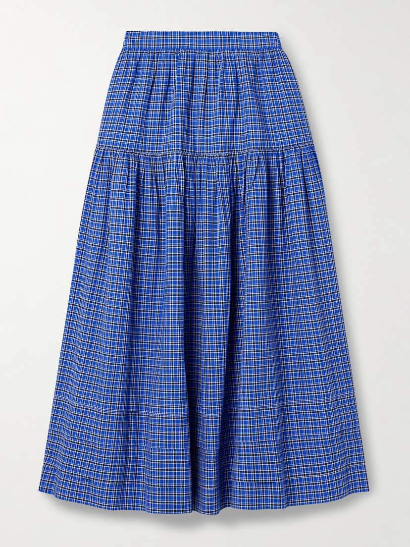 DÔEN Sebastiane Tiered Checked Voile Midi Skirt