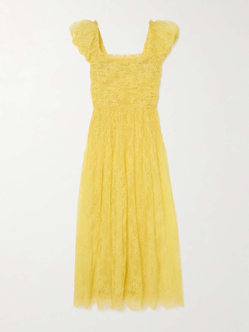 DÔEN Pamelina Ruffled Shirred Lace Midi Dress