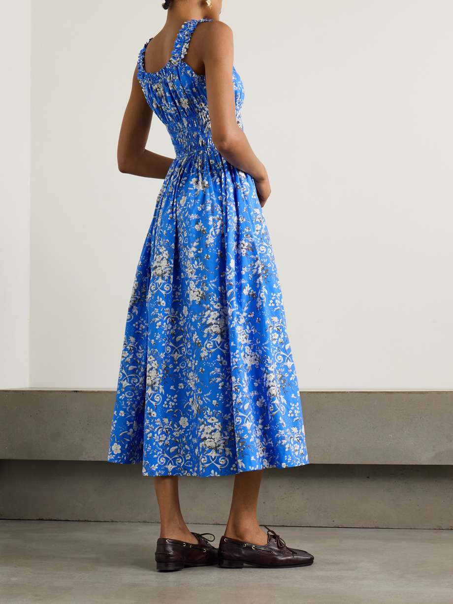 emmaretta shirred floral-print organic cotton-voile midi dress