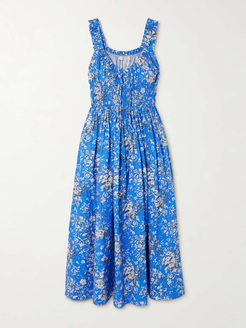 DÔEN Emmaretta Shirred Floral-print Organic Cotton-voile Midi Dress