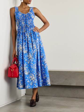 Dôen Emmaretta shirred floral-print organic cotton-voile midi dress