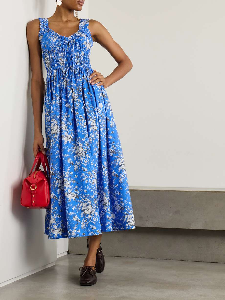 emmaretta shirred floral-print organic cotton-voile midi dress