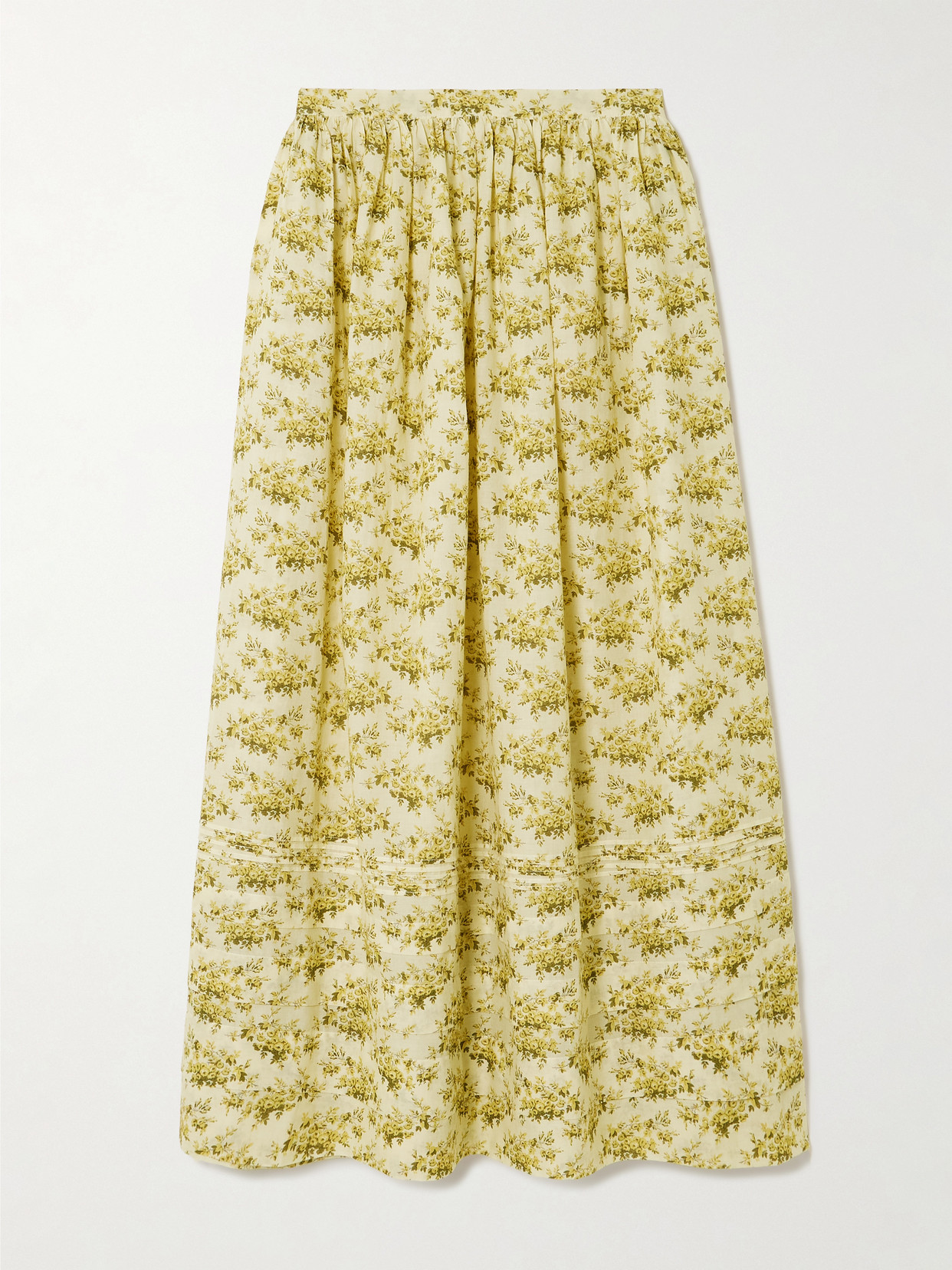 Doen Marcie Tiered Pleated Floral-print Organic Cotton-voile Midi Skirt In Yellow