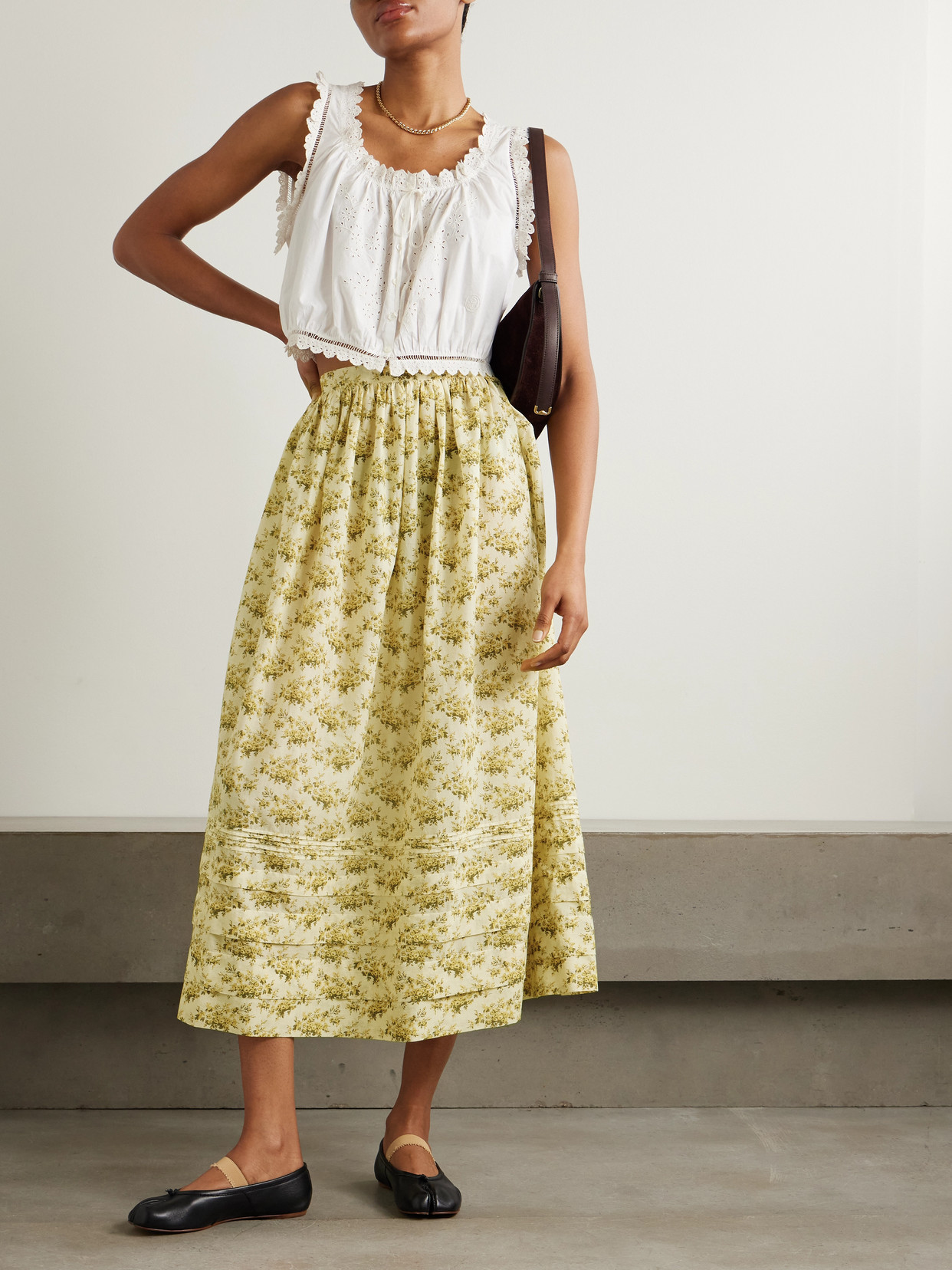 Doen Marcie Tiered Pleated Floral-print Organic Cotton-voile Midi Skirt In Yellow