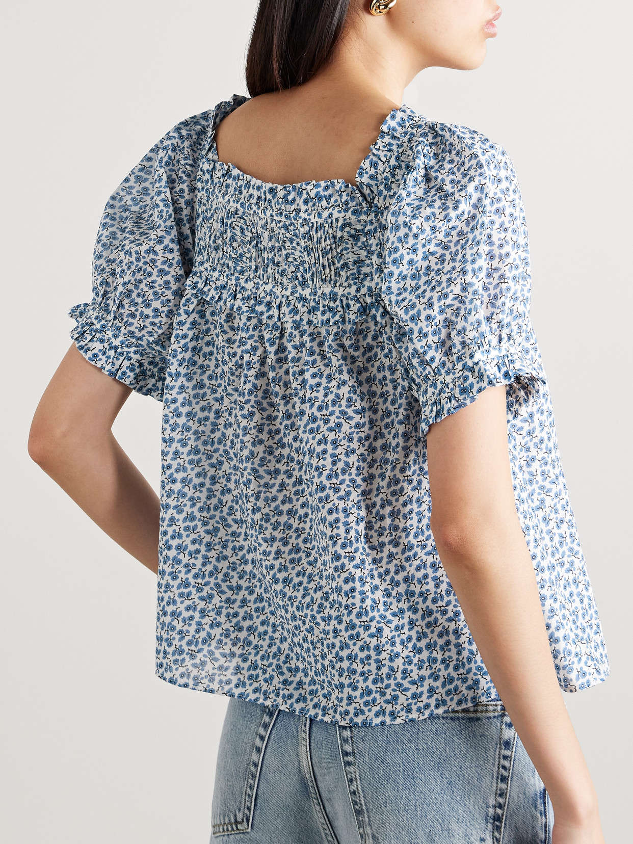 Shop Doen Frances Ruffled Pleated Floral-print Organic Cotton-voile Blouse In Blue