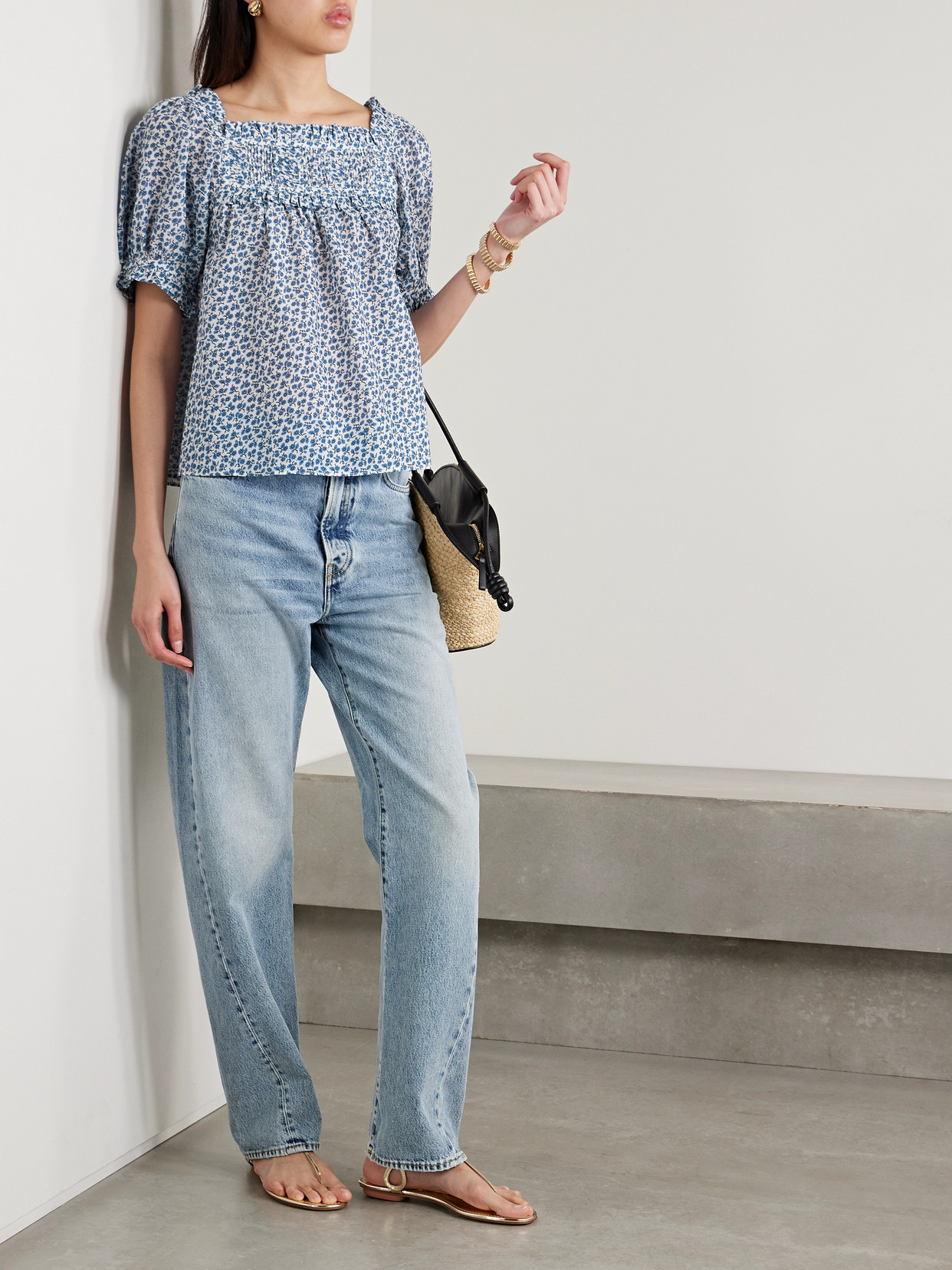 Shop Doen Frances Ruffled Pleated Floral-print Organic Cotton-voile Blouse In Blue