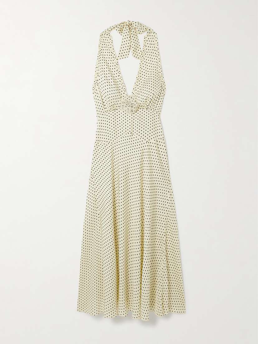 DÔEN Mazarin Ruffled Polka-dot Silk-blend Satin Halterneck Dress