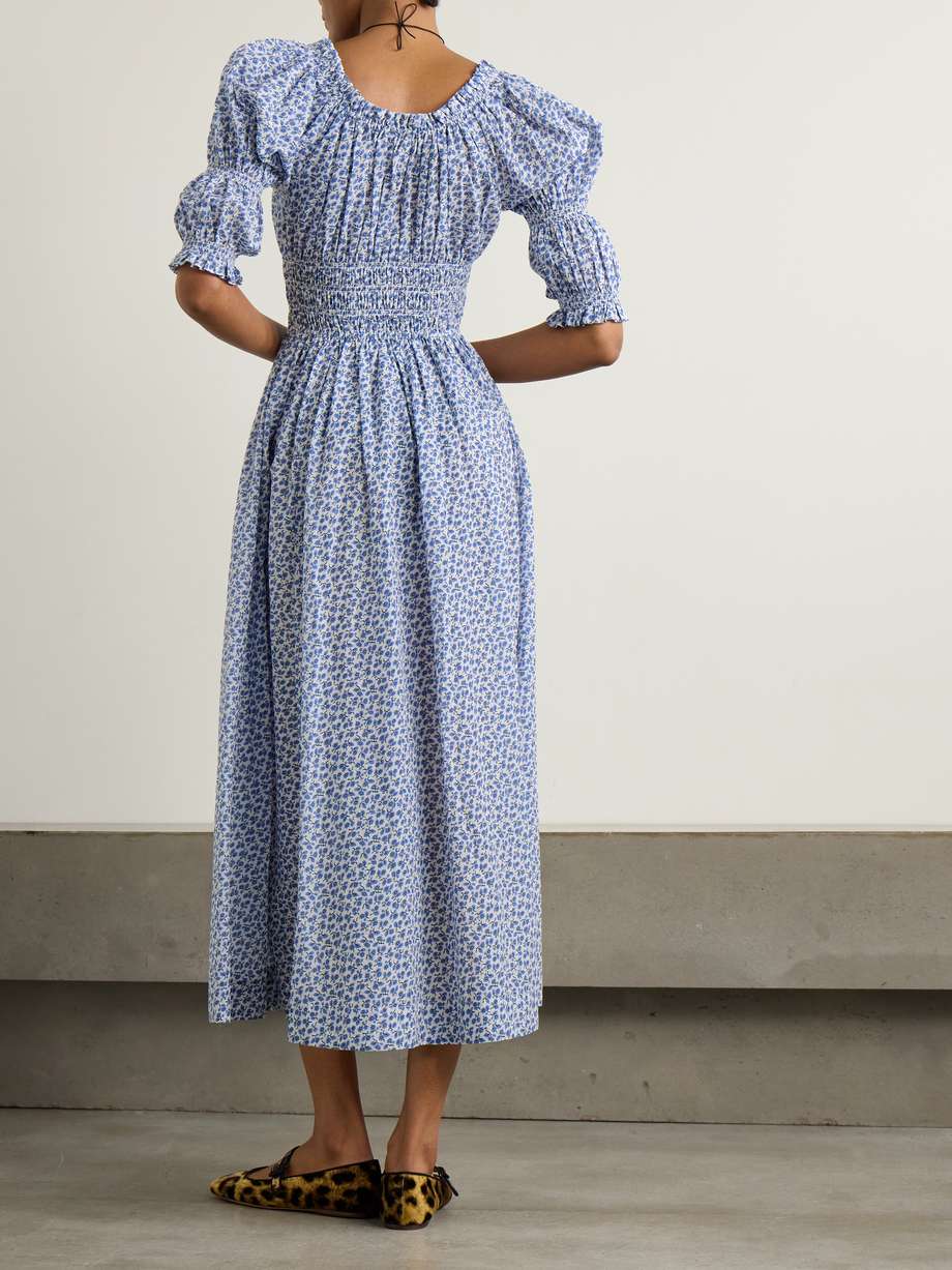 ischia shirred floral-print organic cotton-voile midi dress